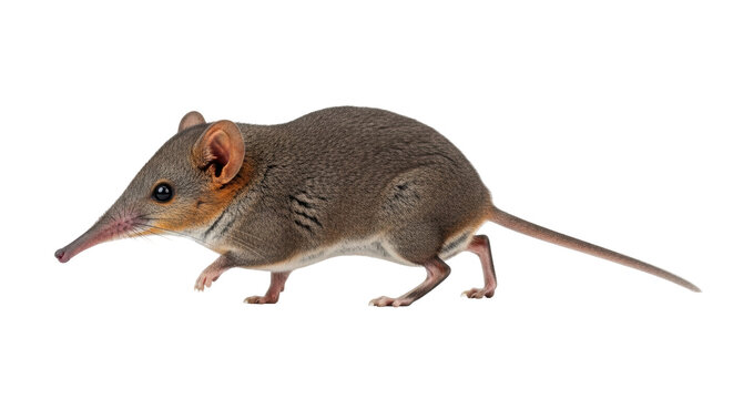 Isolated Long-nosed Potoroo, marsupial with long nose, small body, and hairless tail walking