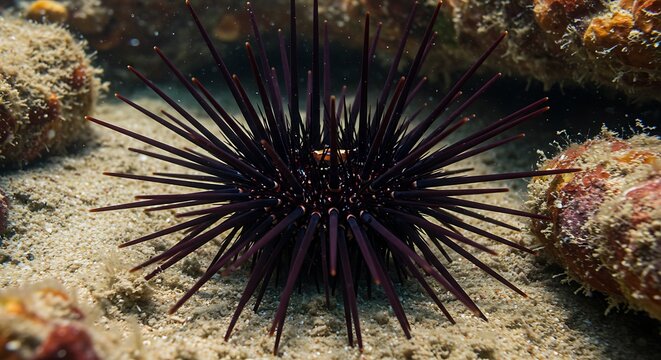 Sea urchin with dark spines on sandy ocean floor underwater