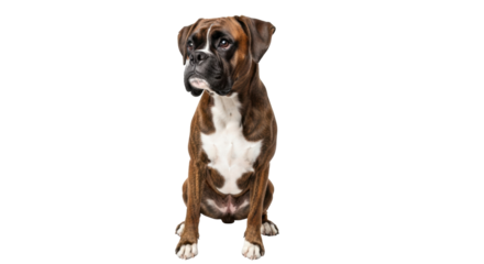 Isolated Brown Boxer Dog with a White Chest Sitting and Looking Sideways with Attentive Eyes