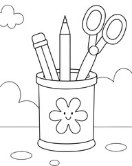 Pencil Holder with Pencils Scissors and Flower Design Coloring Page Keywords: pencil holder, desk organizer, stationery, school supplies, office