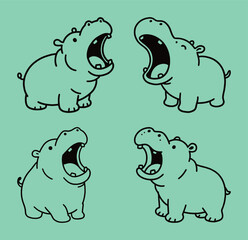Four minimalist line art illustrations of a cartoon hippopotamus yawning or shouting with a wide-open mouth, set on a light mint green background.
