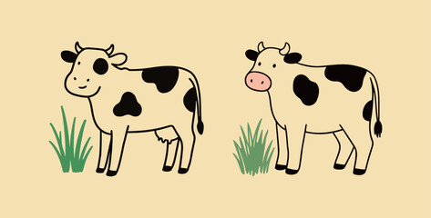 Two simple cartoon cow illustrations with black spots and green grass details, standing on a soft yellow-tan background, depicting farm life.