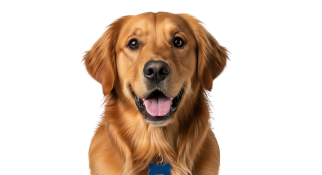 Isolated portrait of a happy golden retriever dog with its tongue out, ready to play