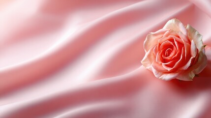 A beautifully arranged pink rose rests elegantly on silky fabric, creating a serene and harmonious visual that emphasizes the beauty of nature's delicate flowers.