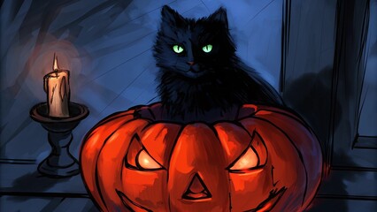Spooky Halloween Pumpkin Patch with Glowing Jack-O’-Lanterns Under Moon Light