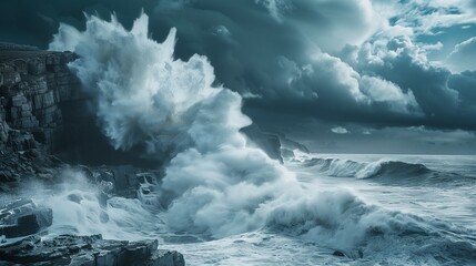 Giant storm waves crashing against rocky coastline, dramatic sky with dark storm clouds, hurricane impact scene.