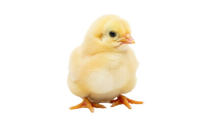 Isolated baby chicken stands tall and looks to the right; cute chick on clear surface