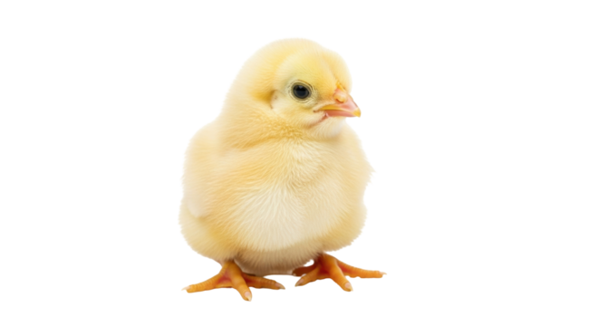 Isolated baby chicken stands tall and looks to the right; cute chick on clear surface