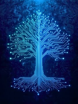 Digital technology tree glowing with vibrant blue light, symbolizing growth, innovation, and connection in the digital age for futuristic designs
