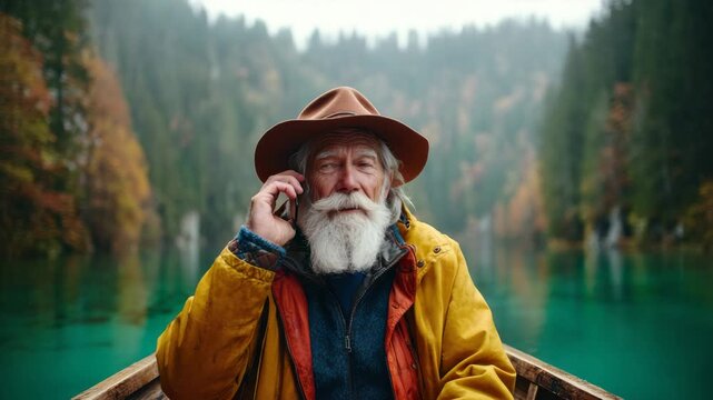 Elderly man beard hat adventure bleisure travel boat lake surrounded by forest autumn serene portrait enjoying calm moment with