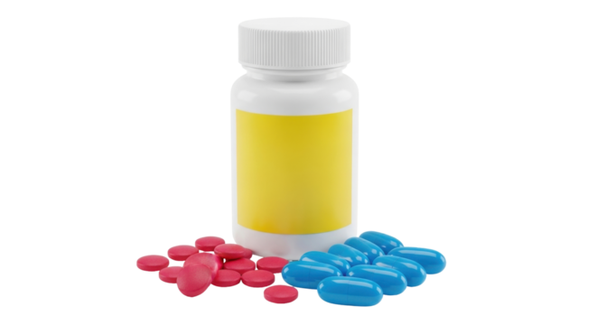 Isolated pill bottle with yellow label surrounded by scattered blue and red pills, capsules