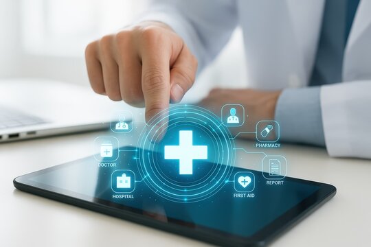 Professional person in a white coat utilizes a touchscreen tablet, activating a glowing medical symbol representing healthcare services and digital medicine, while other relevant icons also...