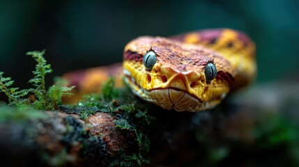 Fototapeta premium A stunning close-up of a colorful snake resting on a branch, showcasing its unique patterns and textures, highlighting the beauty and diversity of wildlife in nature.