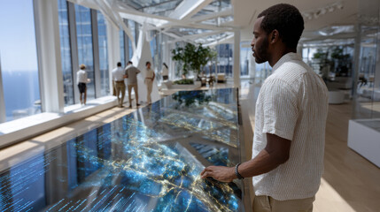 A thoughtful man studies a glowing interactive display of a cityscape in a bright, airy environment that promotes contemplation and innovative ideas.