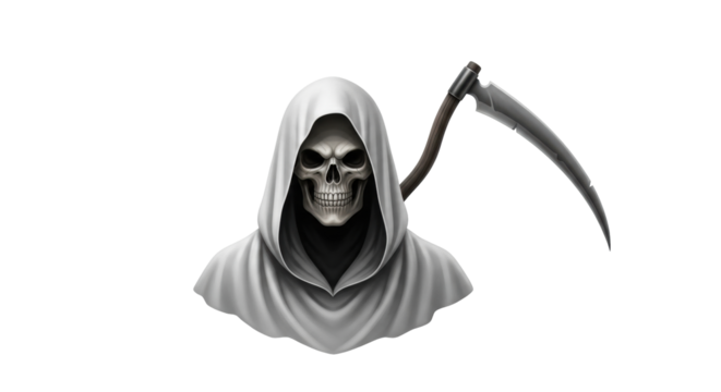 Isolated depiction of the grim reaper with a scythe, a symbol of death and mortality