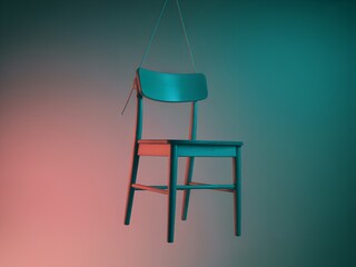 A surreal wooden chair suspended in mid-air with teal and pink lighting for modern artistic photography.