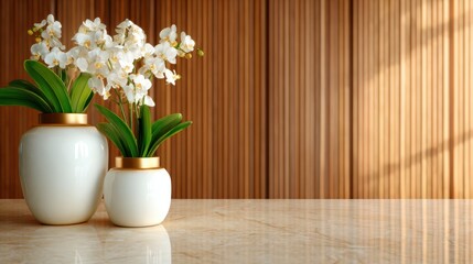 A beautifully arranged pair of white vases with orchids on a marble surface, designed to create an elegant and tranquil decorative element in a modern environment.