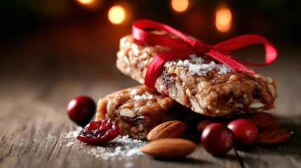 Delicious, homemade nut and fruit snack bars are beautifully arranged and tied with a festive ribbon, ideal for healthy eating and indulgent treats during celebrations.
