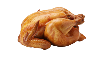 Isolated roast chicken, cooked for Thanksgiving dinner, crispy skin, delicious poultry, ready to eat