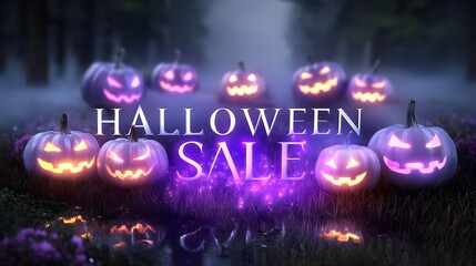 Glowing floating pumpkins forming Halloween Sale text above a misty garden with wide empty grass foreground, cinematic orange and purple lighting for product mockup.