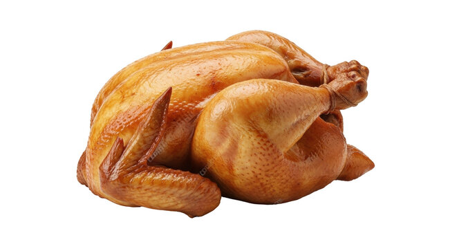 Isolated roast chicken, cooked for Thanksgiving dinner, crispy skin, delicious poultry, ready to eat
