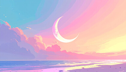 Crescent moon floating in a soft pastel sky