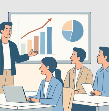 business team in meeting with graphic presentation on big screen, modern flat style, professional pastel colors. b16.eps