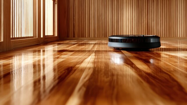 An advanced robotic vacuum cleaner rests on a polished hardwood floor, showcasing contemporary design and innovative technology that simplifies home cleaning and enhances lifestyle.
