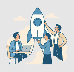 Startup vector illustration: a group of people launching a rocket as a symbol of a new business idea. b18.eps