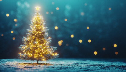 Christmas tree with golden lights on a blue background with copy space