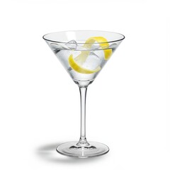 Classic martini cocktail with lemon twist and ice cubes in martini glass on white background, perfect for upscale bar menus, cocktail recipes, mixology visuals, elegant drink promotions, lounge themes