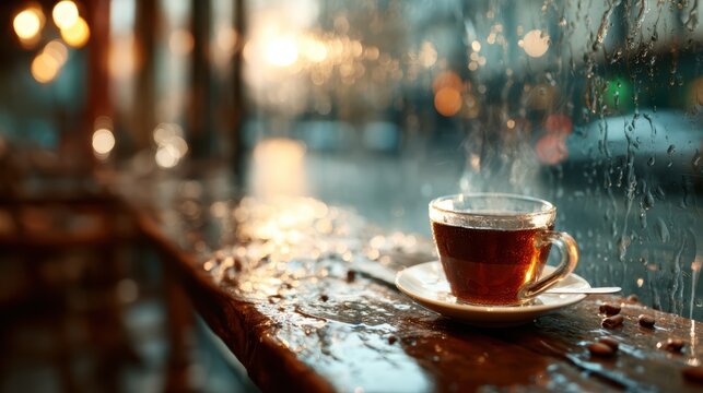 A soothing scene of a steaming cup of tea placed on a wooden table beside a rain-kissed window, evoking a sense of tranquility and comfort during a cozy afternoon.