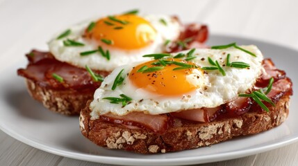 This image showcases beautifully cooked fried eggs on toasts with crispy bacon, garnished with fresh chives, ideal for a breakfast or brunch setting. A perfect start to the day.