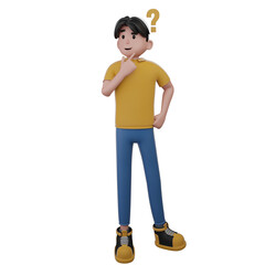 Pensive Man with Question Mark in Yellow Shirt and Blue Jeans Isolated on Transparent Background Render Style