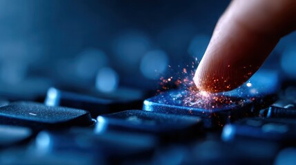 A close-up view of a finger about to touch a keyboard, with sparks of energy radiating from the contact point, symbolizing innovation and connectivity in our digital age.