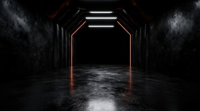 An atmospheric image showcases a dark hallway illuminated by striking, futuristic lights, creating a sense of intrigue and depth in an abstract environment.