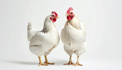 Fototapeta premium “Two white chickens face each other—red combs and yellow legs echo symmetry and simplicity in a stark farmyard vignette.”