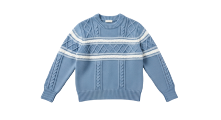 Isolated blue sweater with fair isle pattern, knitwear fashion for cold winter or autumn day