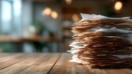 A chaotic stack of paperwork sits on a wooden table, symbolizing the clutter and demands of modern life, reflecting challenges in organization and time management.
