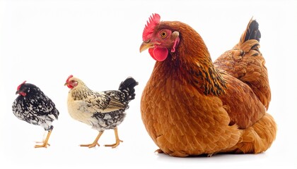 Fototapeta premium Three chickens in a row—speckled, cream, and reddish-brown—against white background, evoking diversity, growth, and the feathered choreography of breed, scale, and rustic charm.