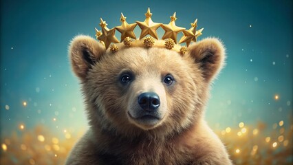 A Majestic Brown Bear Cub Adorned with a Golden Star Crown, a Symbol of Royalty and Wilderness Charm