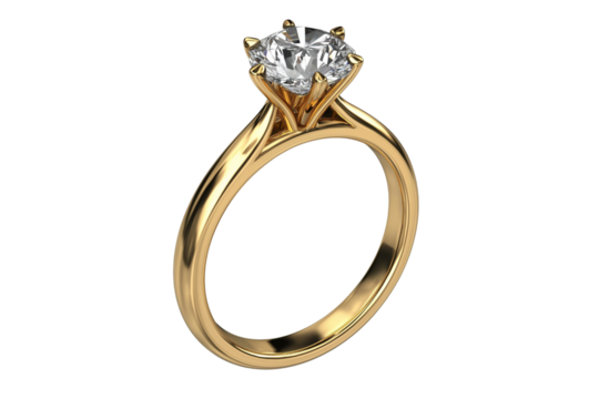 A beautiful solitaire diamond engagement ring made of yellow gold, isolated on transparent background