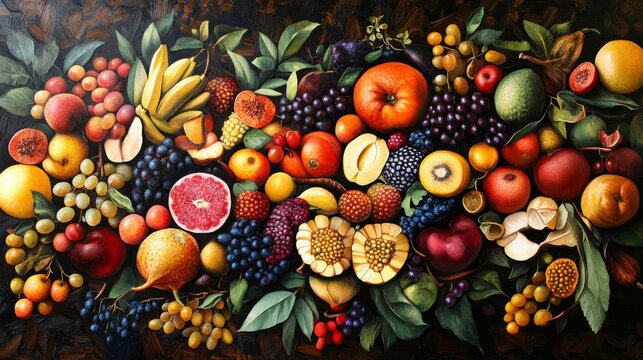 colorful fresh fruits, including grapes, apples, oranges, and various berries.