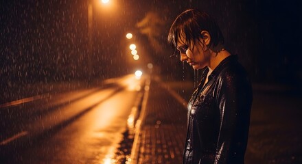 A woman stands alone in the rain at night, illuminated by streetlights, looking down with a somber expression.