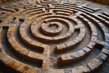 Intricate stone labyrinth nestled among greenery invites exploration and curiosity on a sunny day