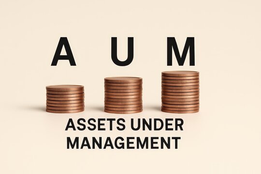 Stacks of copper coins representing increasing assets under management are placed in front of capital letters, graphically displaying financial growth and investment success on a neutral beige...