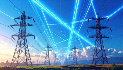 Electric transmission towers stand silhouetted against a vibrant sunset sky, crisscrossed by bright blue energy beams symbolizing power transmission and modern technology