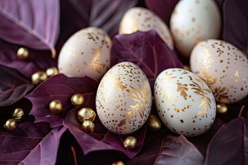 Elegant Easter eggs with gold leaf designs nestled amongst deep purple leaves and gold accents