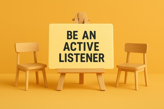Encouraging effective communication, an easel displays motivational text urging active listening, flanked by two minimalist wooden chairs, set against a vibrant, solid yellow background, creating a...