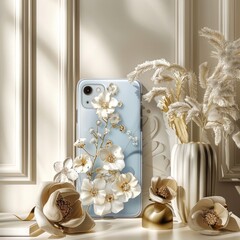 Elegant phone case with embossed floral design, shown on a light background with decorative elements